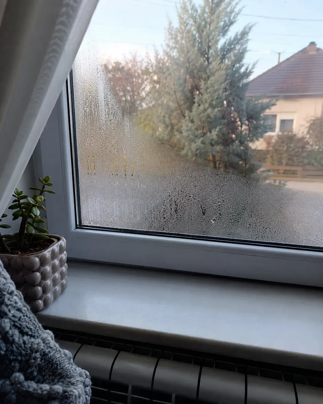 Kapljice kondenzacije na unutrašnjoj strani prozorskog stakla ujutru